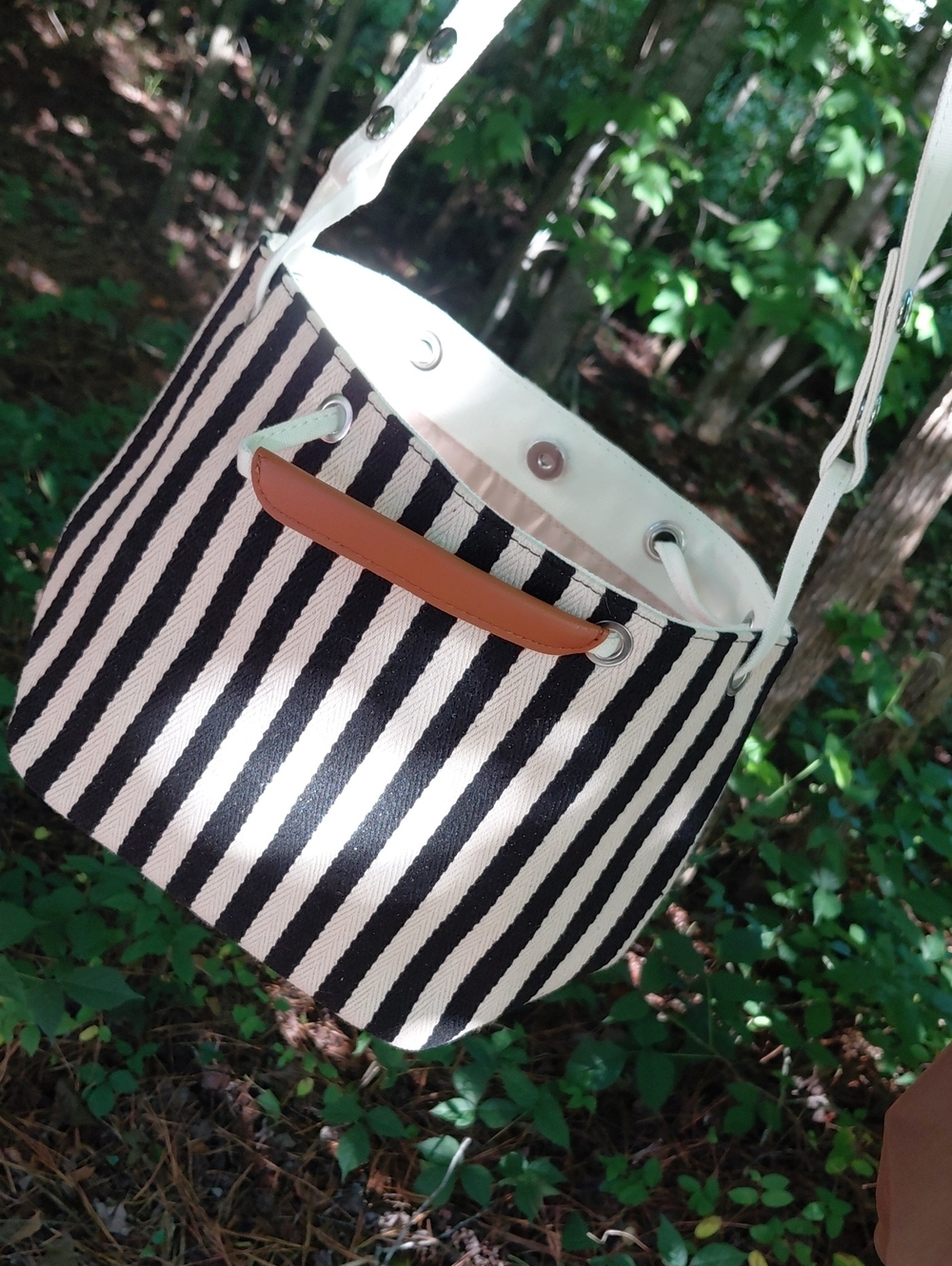 Black & White Striped Shoulder Bucket Bag with Tan Accent